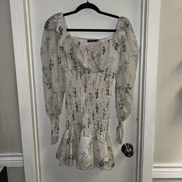 Nasty Gal White Floral Bodycon Smocked Ruffle Cottegecore Fairy Dress Size 4 - Picture 2 of 10